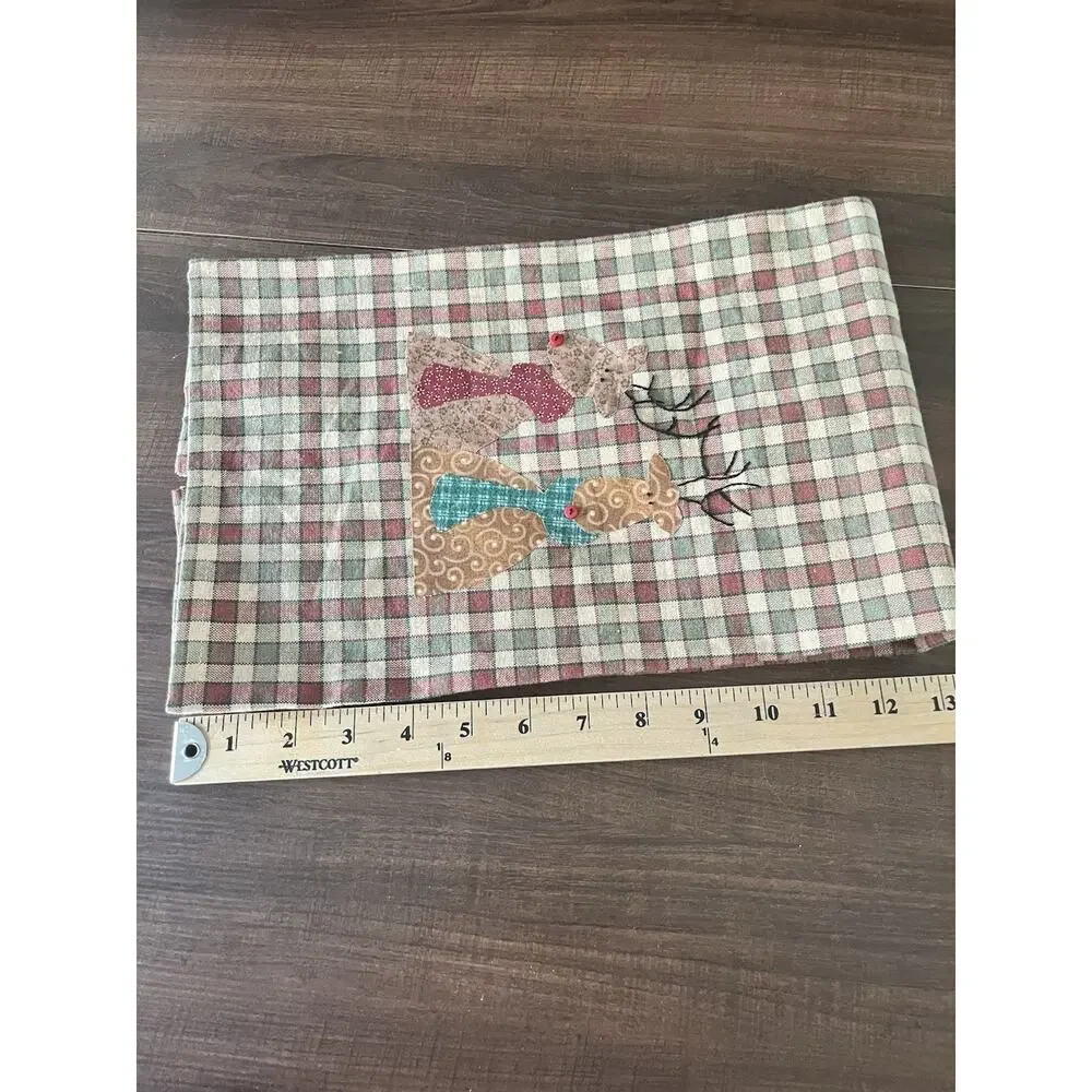 Vtg Hand Tea Towel Plaid Checkered Christmas Patchwork Handmade Reindeer